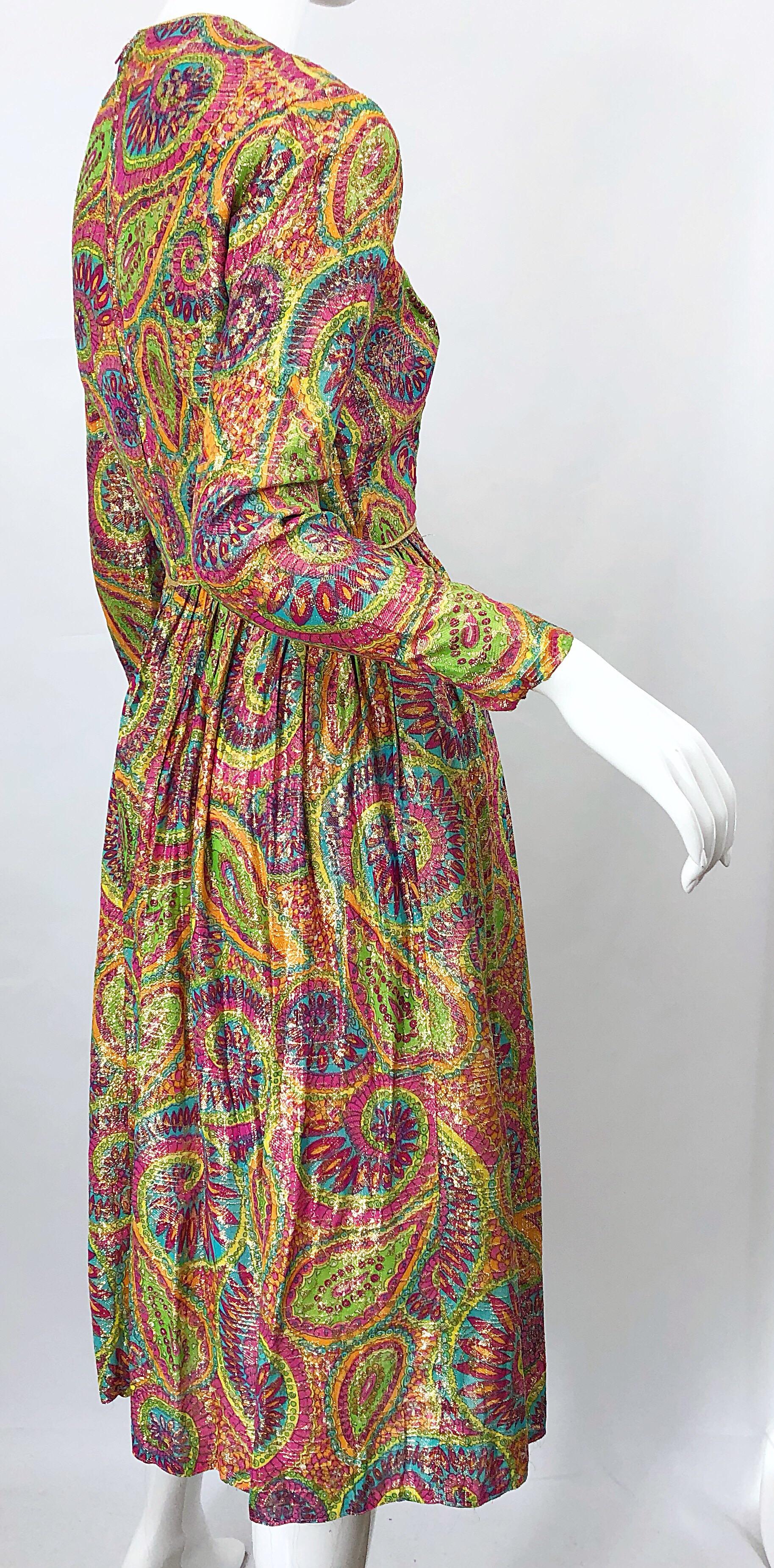 Mollie Parnis 1960s Silk Metallic Paisley Print Rhinestone Vintage 60s Dress In Excellent Condition For Sale In San Diego, CA