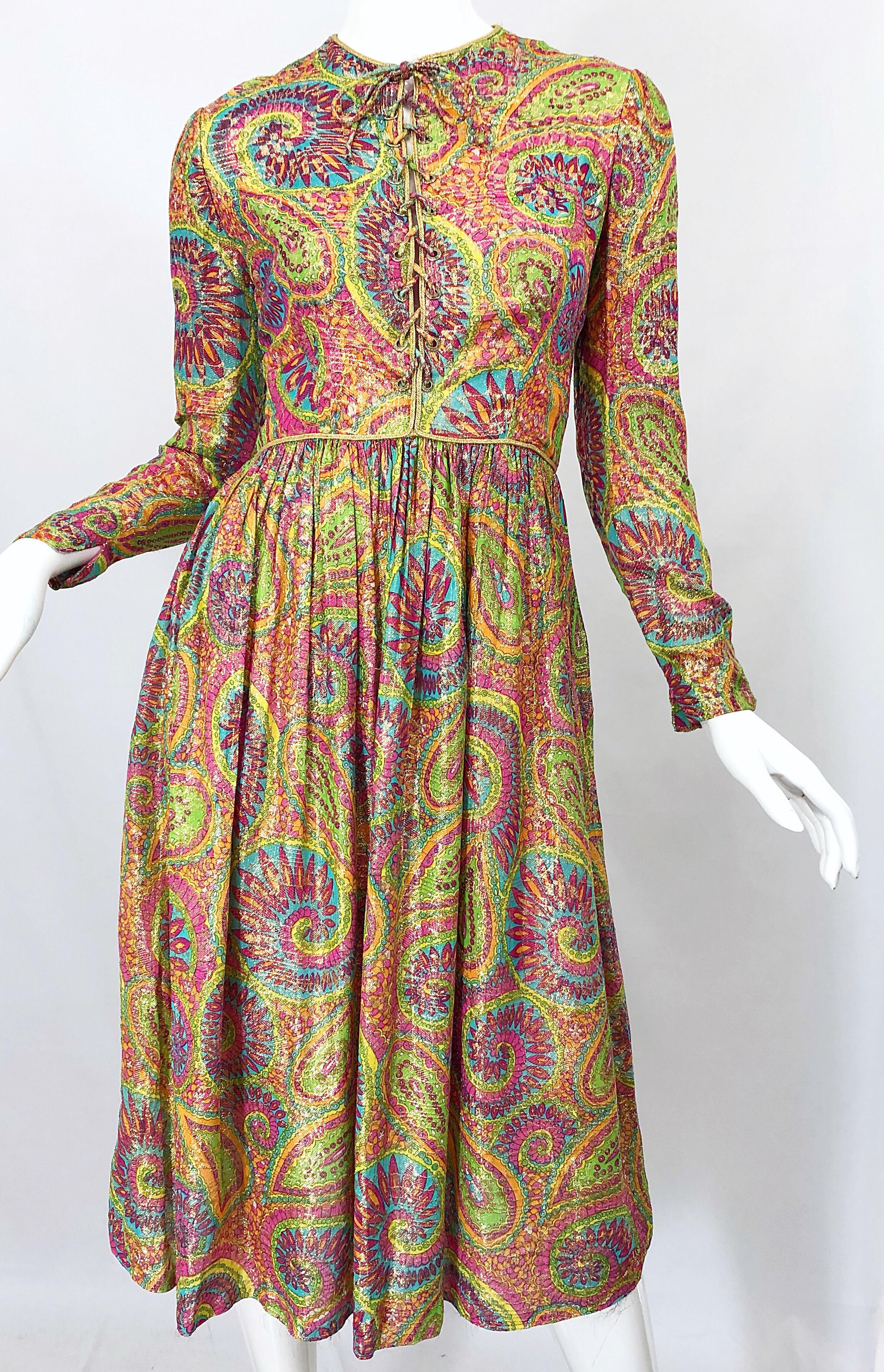 Mollie Parnis 1960s Silk Metallic Paisley Print Rhinestone Vintage 60s Dress For Sale 1