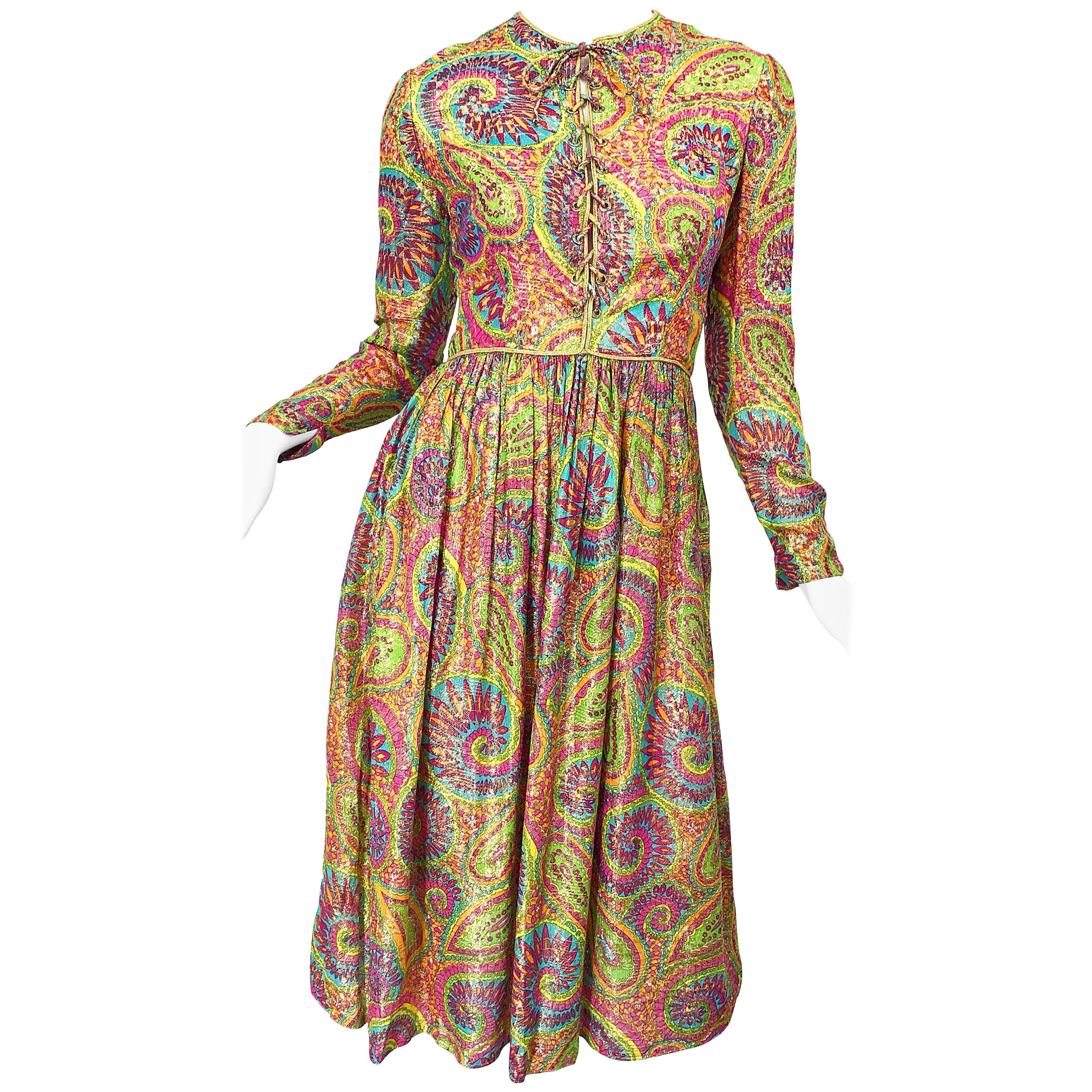 Mollie Parnis 1960s Silk Metallic Paisley Print Rhinestone Vintage 60s Dress