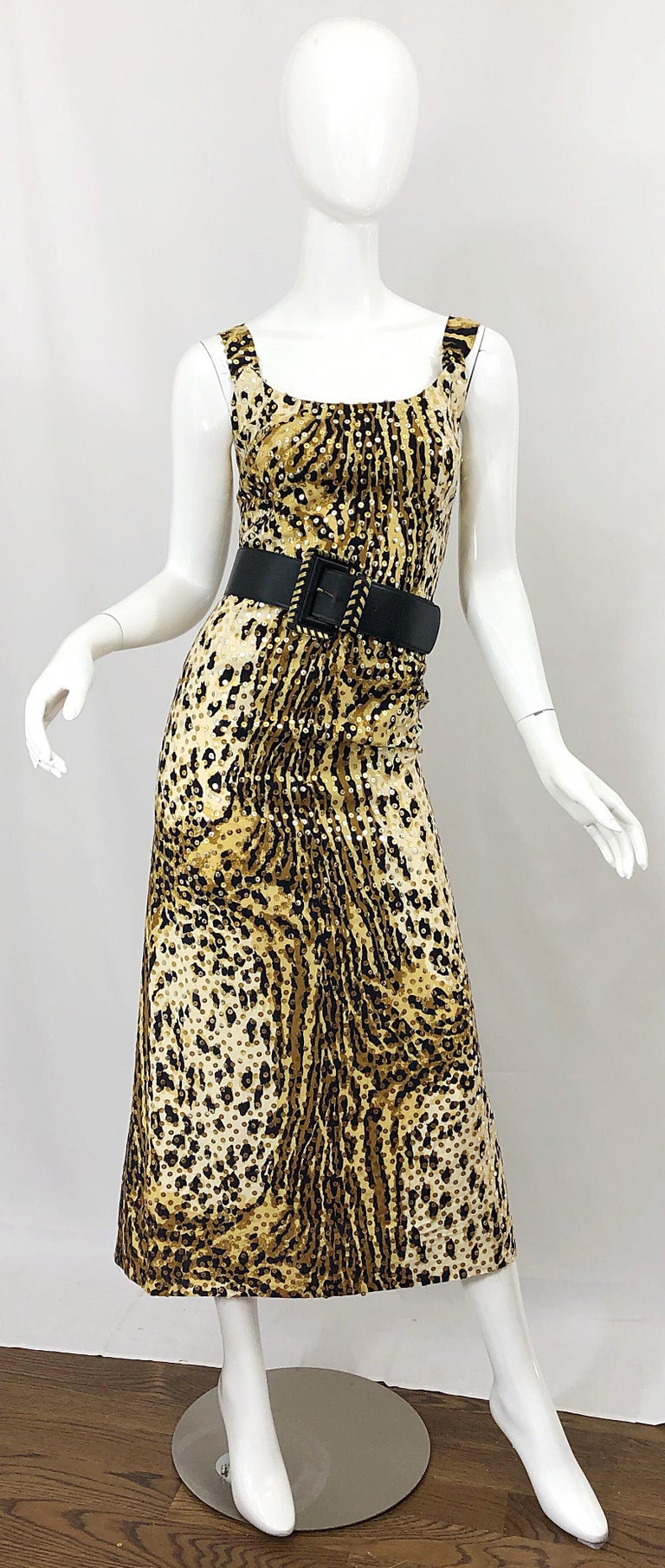 Mollie Parnis 1970s Leopard Cheetah Print Sequined Vintage 70s Cotton Midi Dress For Sale 6