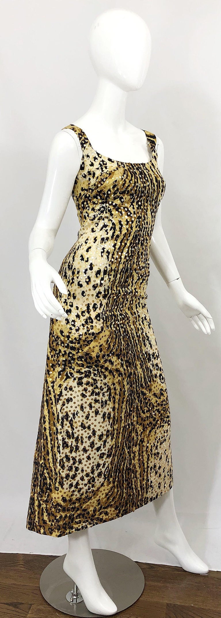 Mollie Parnis 1970s Leopard Cheetah Print Sequined Vintage 70s Cotton Midi Dress For Sale 8