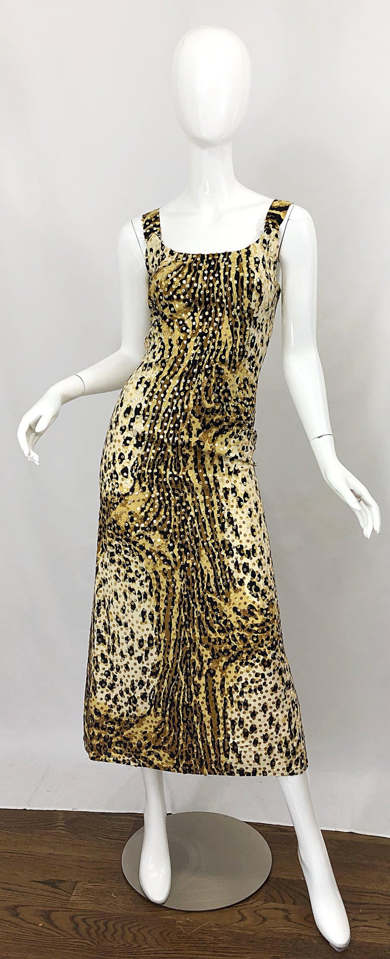 Mollie Parnis 1970s Leopard Cheetah Print Sequined Vintage 70s Cotton Midi Dress For Sale 10