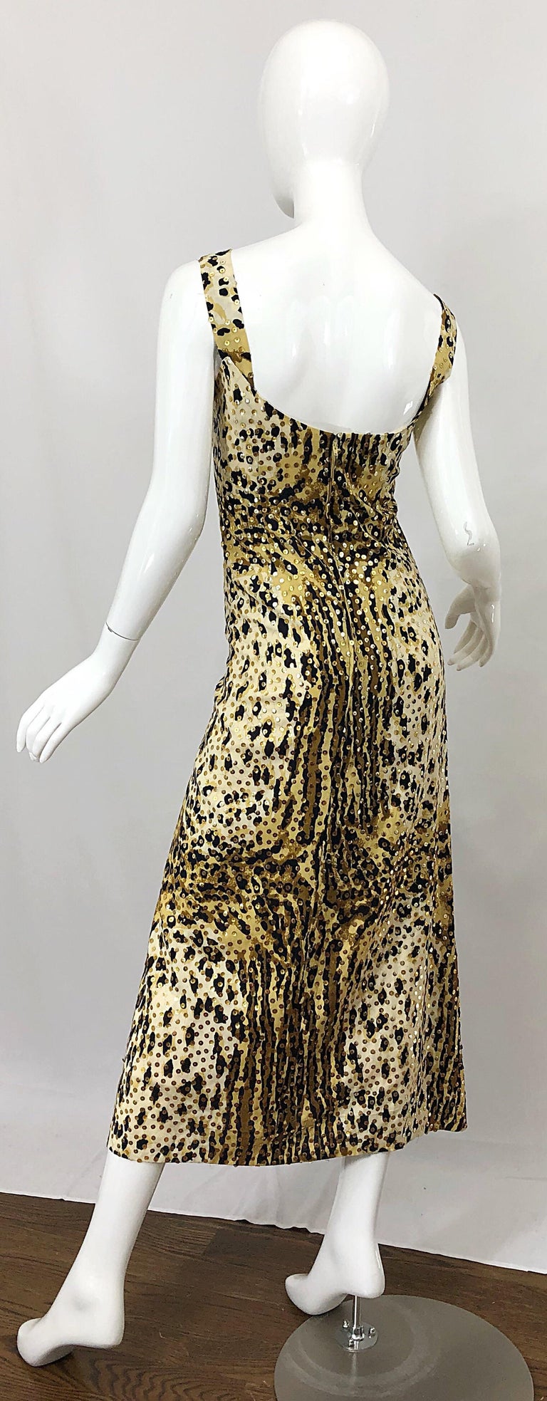Mollie Parnis 1970s Leopard Cheetah Print Sequined Vintage 70s Cotton Midi Dress In Excellent Condition For Sale In San Diego, CA