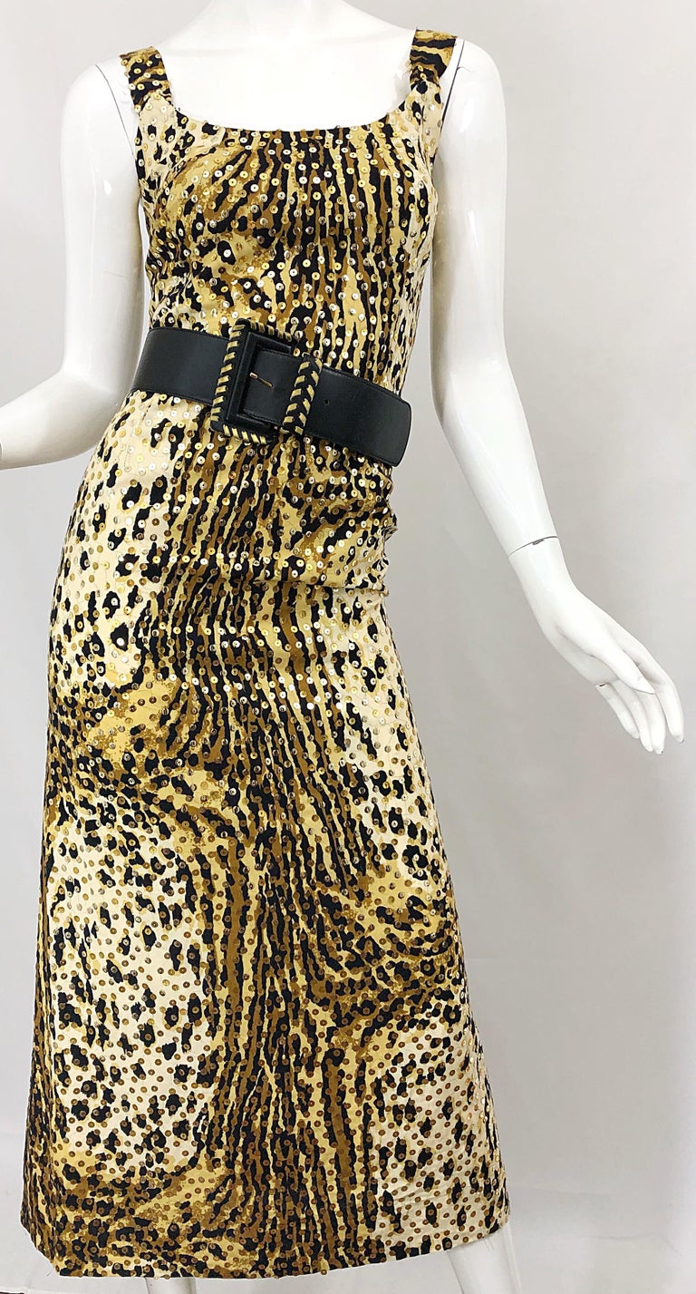 Women's Mollie Parnis 1970s Leopard Cheetah Print Sequined Vintage 70s Cotton Midi Dress For Sale