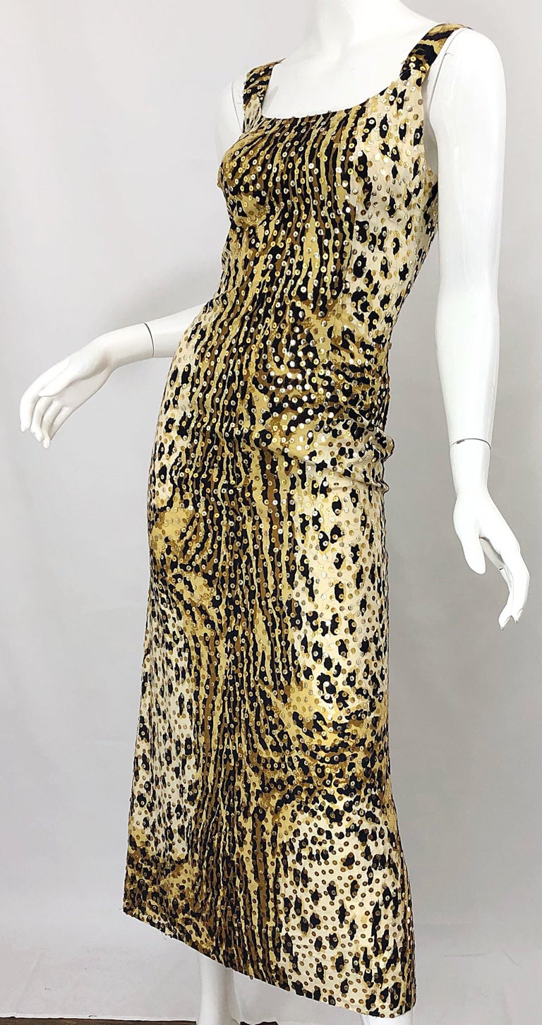 Mollie Parnis 1970s Leopard Cheetah Print Sequined Vintage 70s Cotton Midi Dress For Sale 1