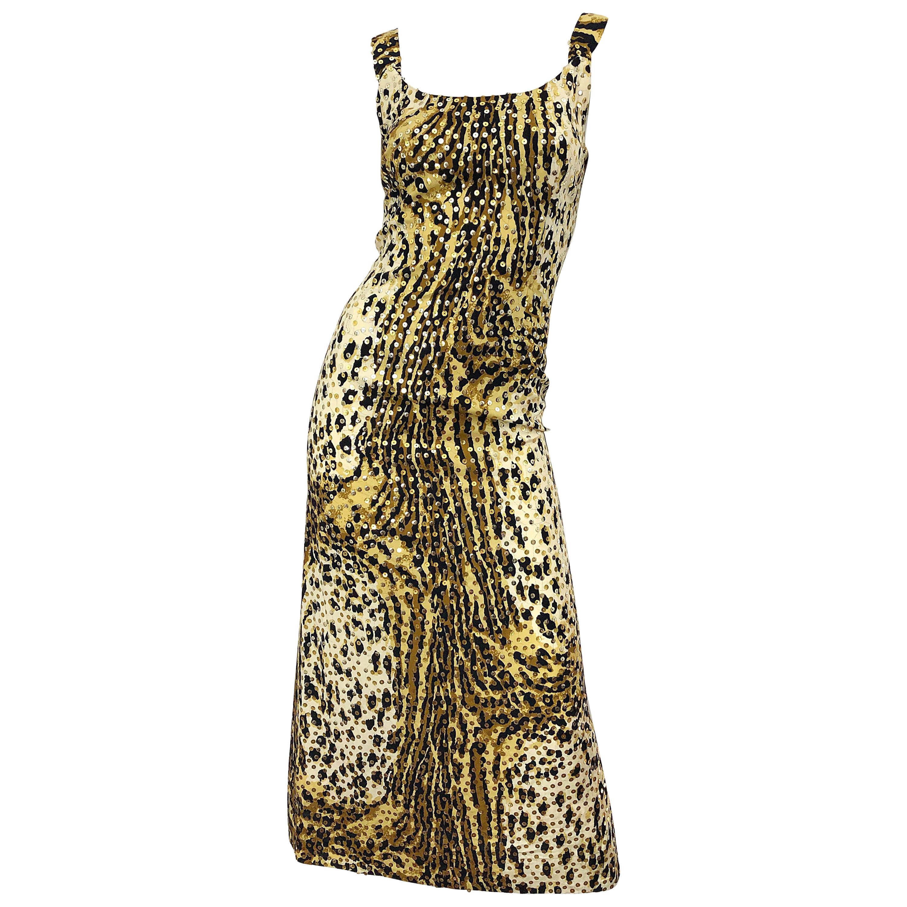 Mollie Parnis 1970s Leopard Cheetah Print Sequined Vintage 70s Cotton Midi Dress