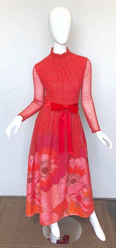 Mollie Parnis 1970s Red + Pink + Gold Silk Chiffon Flower Print 70s Gown