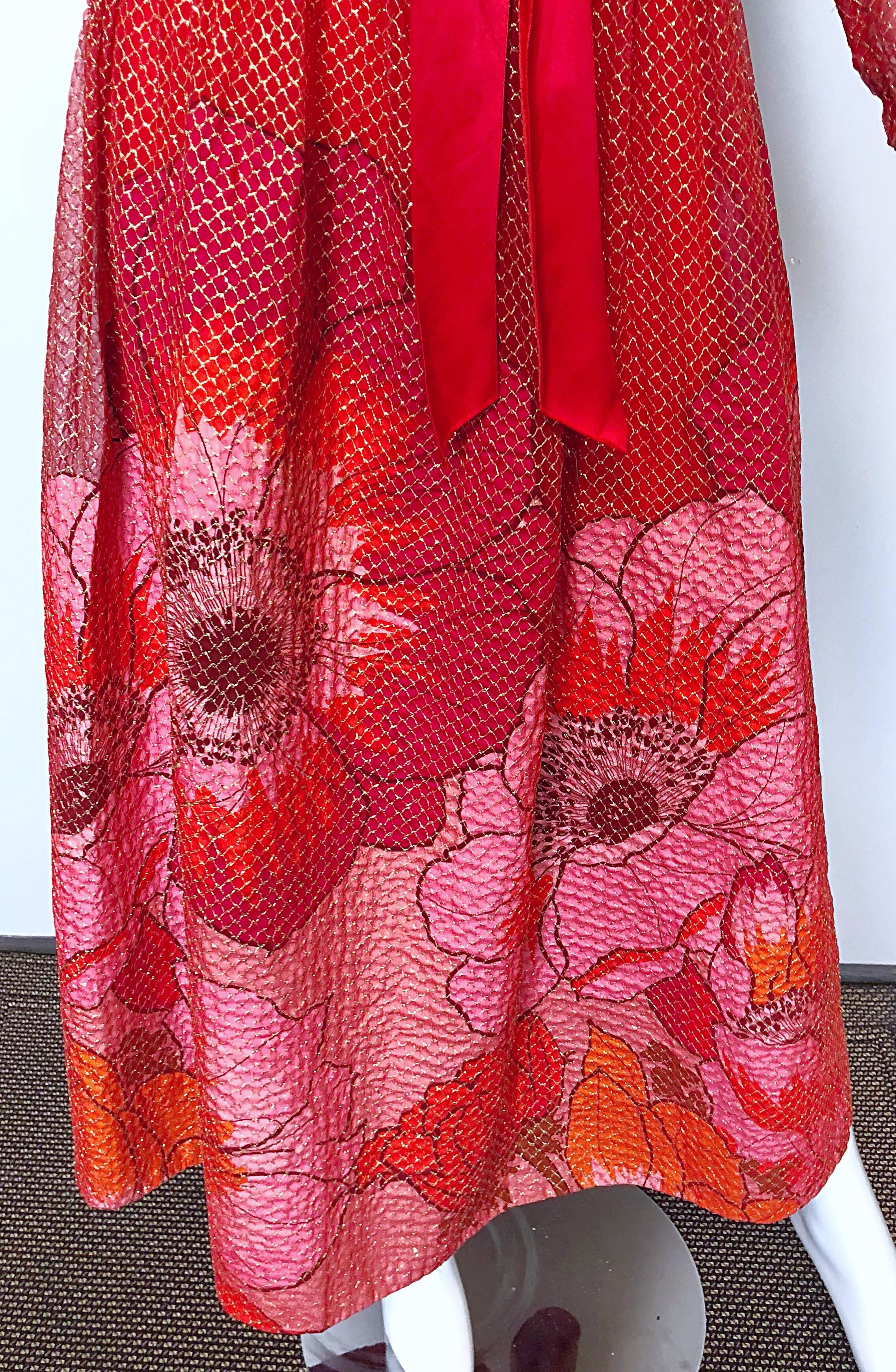 Mollie Parnis 1970s Red + Pink + Gold Silk Chiffon Flower Print 70s Gown  In Excellent Condition For Sale In San Diego, CA