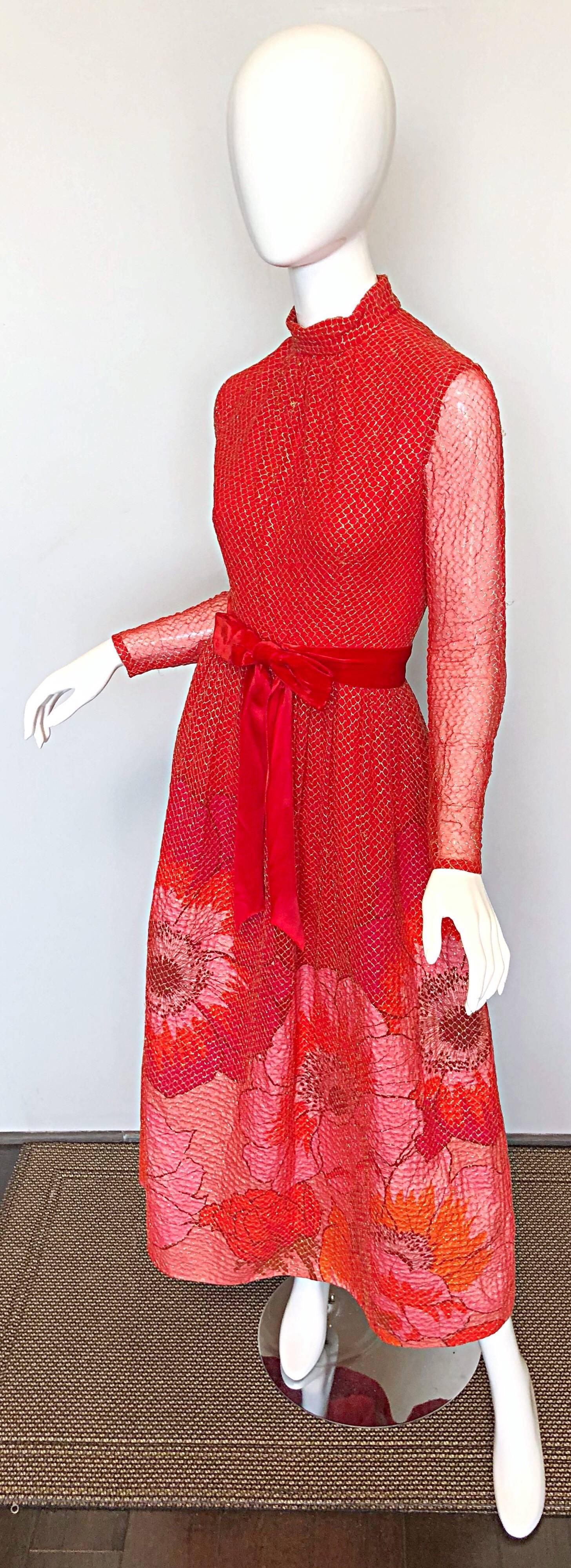 Women's Mollie Parnis 1970s Red + Pink + Gold Silk Chiffon Flower Print 70s Gown  For Sale