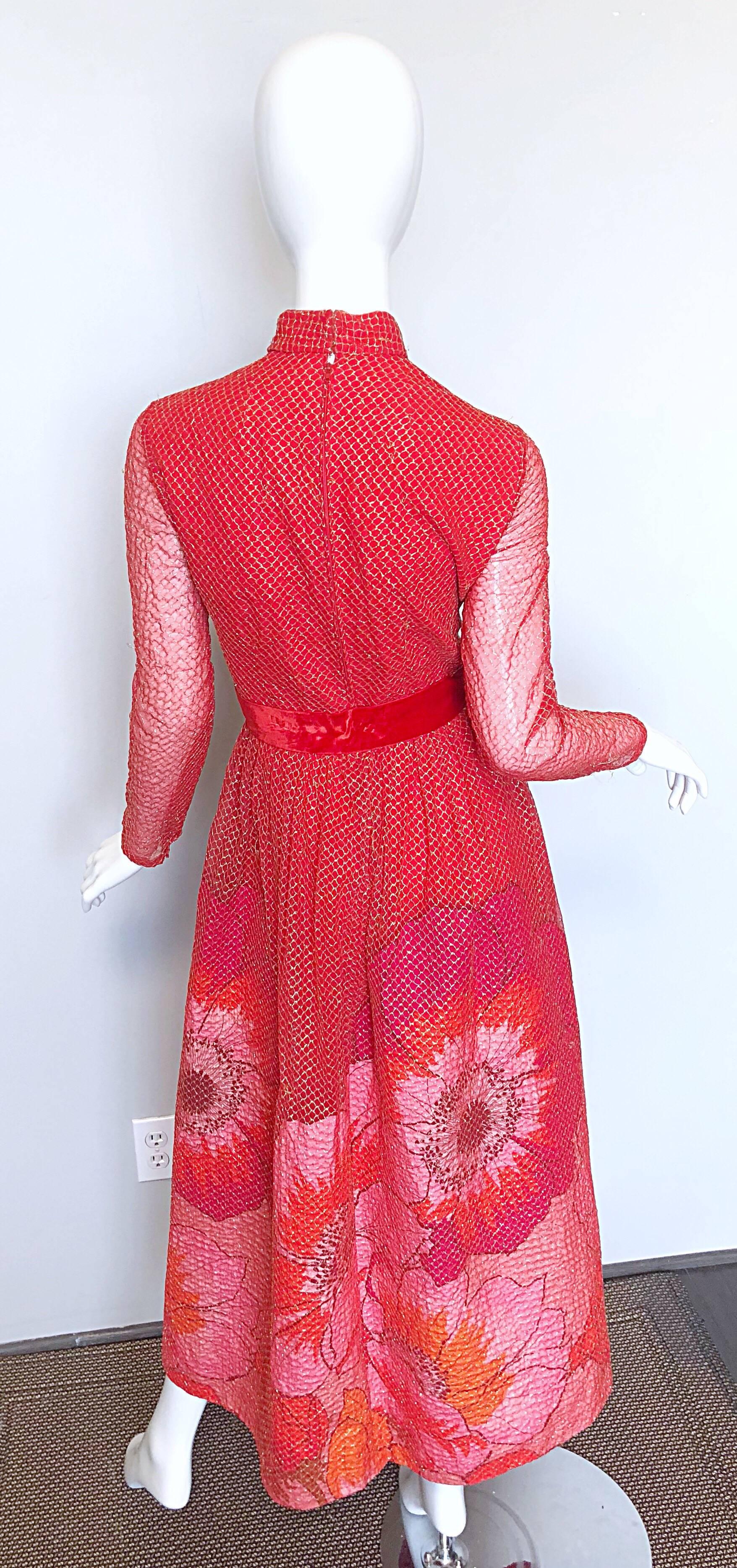 Mollie Parnis 1970s Red + Pink + Gold Silk Chiffon Flower Print 70s Gown  For Sale 2