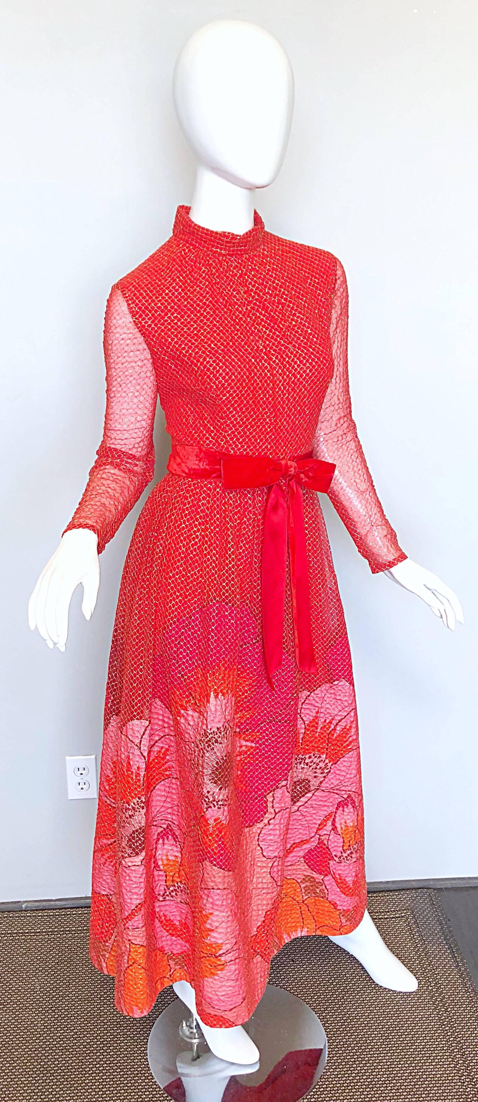 Mollie Parnis 1970s Red + Pink + Gold Silk Chiffon Flower Print 70s Gown For Sale 3