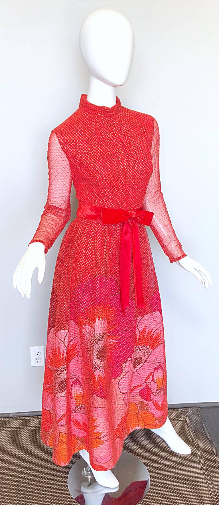 Mollie Parnis 1970s Red + Pink + Gold Silk Chiffon Flower ...