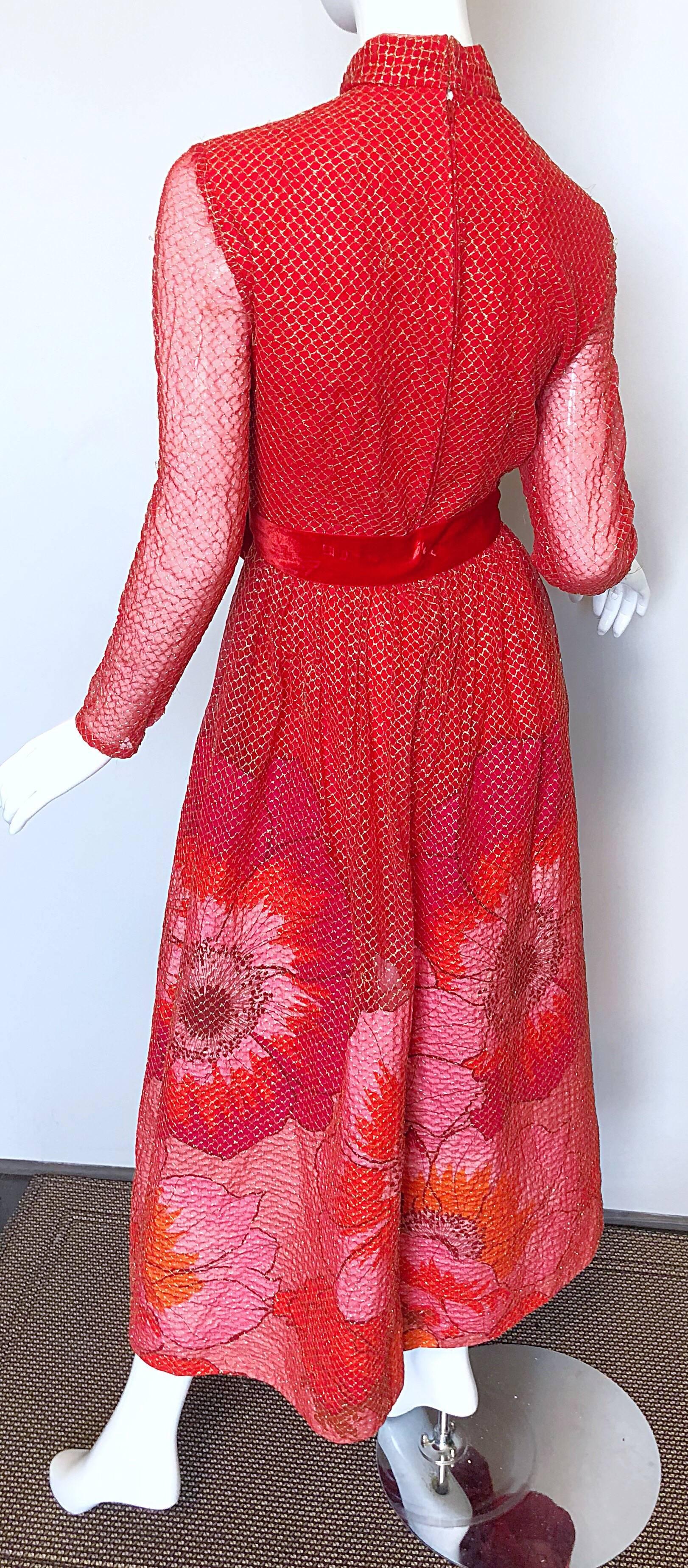 Mollie Parnis 1970s Red + Pink + Gold Silk Chiffon Flower Print 70s Gown  For Sale 4