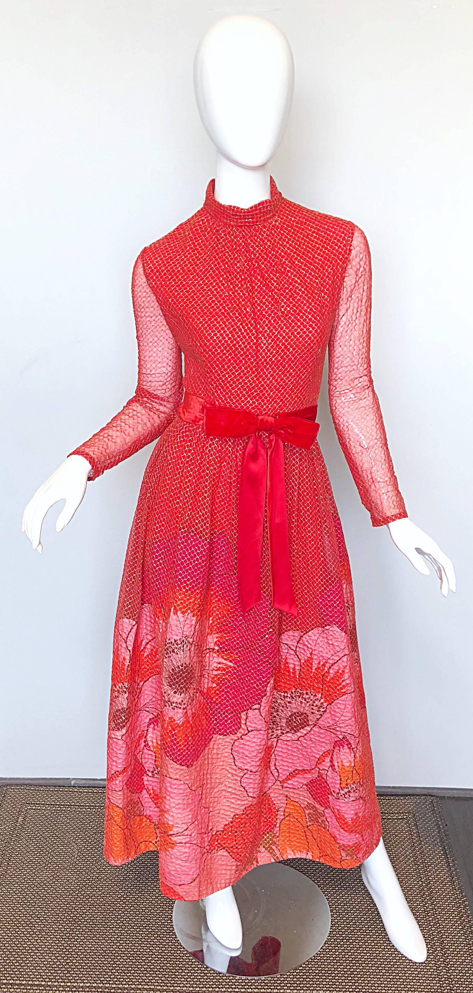 Mollie Parnis 1970s Red + Pink + Gold Silk Chiffon Flower Print 70s Gown  For Sale 5