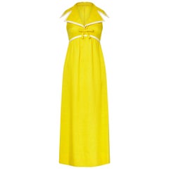 Mollie Parnis 1970s Yellow Linen Empire Line Maxi Dress With Statement Collar