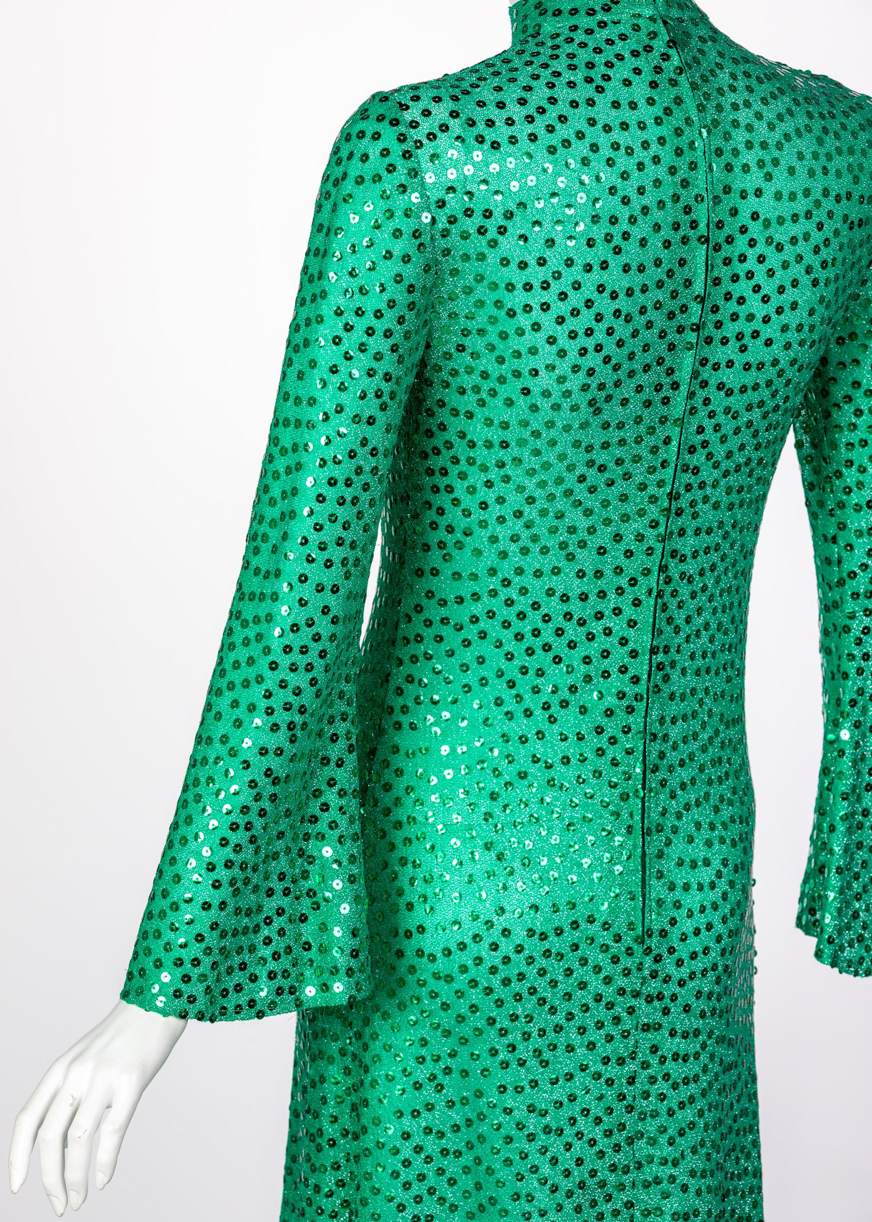 Women's Mollie Parnis Emerald Green Mock Neck Sequin Dress, 1960s For Sale