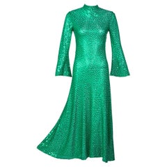 Retro Mollie Parnis Emerald Green Mock Neck Sequin Dress, 1960s