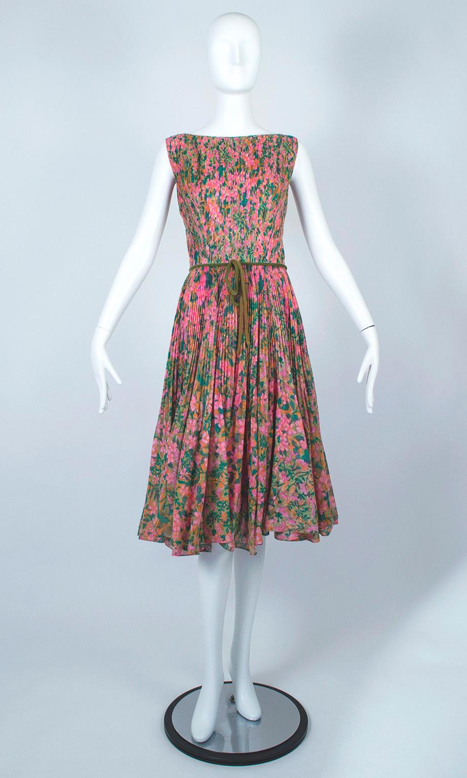 Feminine touches abound on this cheerful boat neck sundress, which features individually-sewn micropleats and a 35-foot skirt with a horsehair-backed hem for maximum fullness and “swish.” A shocking Schiaparelli pink silk lining—invisible to