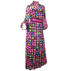 Mollie Parnis Silk Chiffon Maxi Gown with Velvet Dot Design, 1960s 