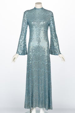 Mollie Parnis Silver Sequin Ice Blue Knit Lame Jersey Dress, 1970s