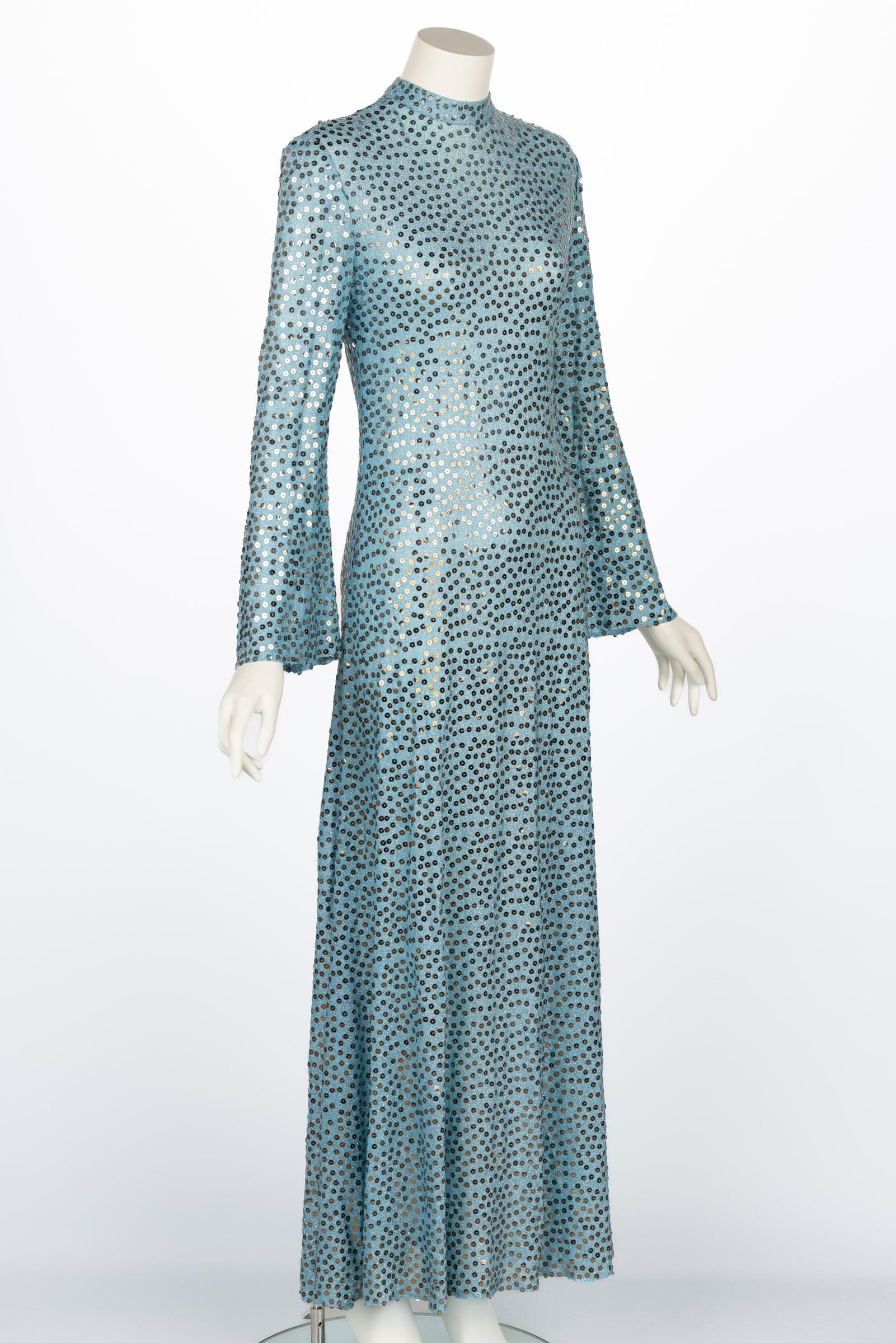 Mollie Parnis Silbernes Eisblaues Strickkleid aus Lame Jersey mit Pailletten, 1970er Jahre (Blau) im Angebot