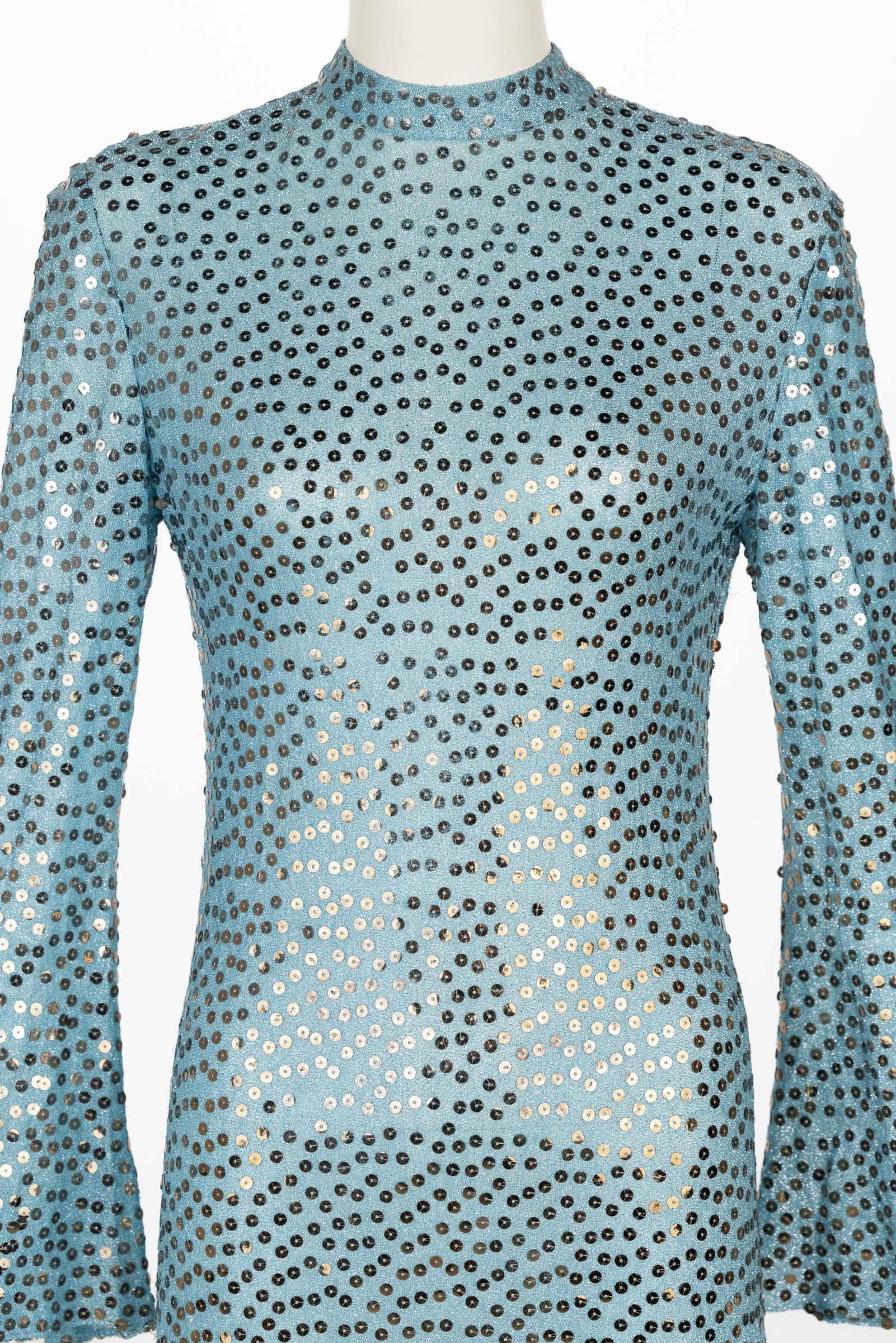 Women's Mollie Parnis Silver Sequin Ice Blue Knit Lame Jersey Dress, 1970s For Sale