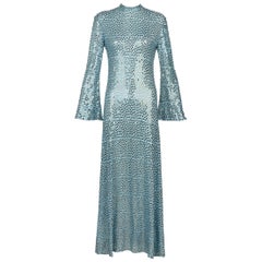 Mollie Parnis Silbernes Eisblaues Strickkleid aus Lame-Jersey mit Pailletten, 1970er Jahre