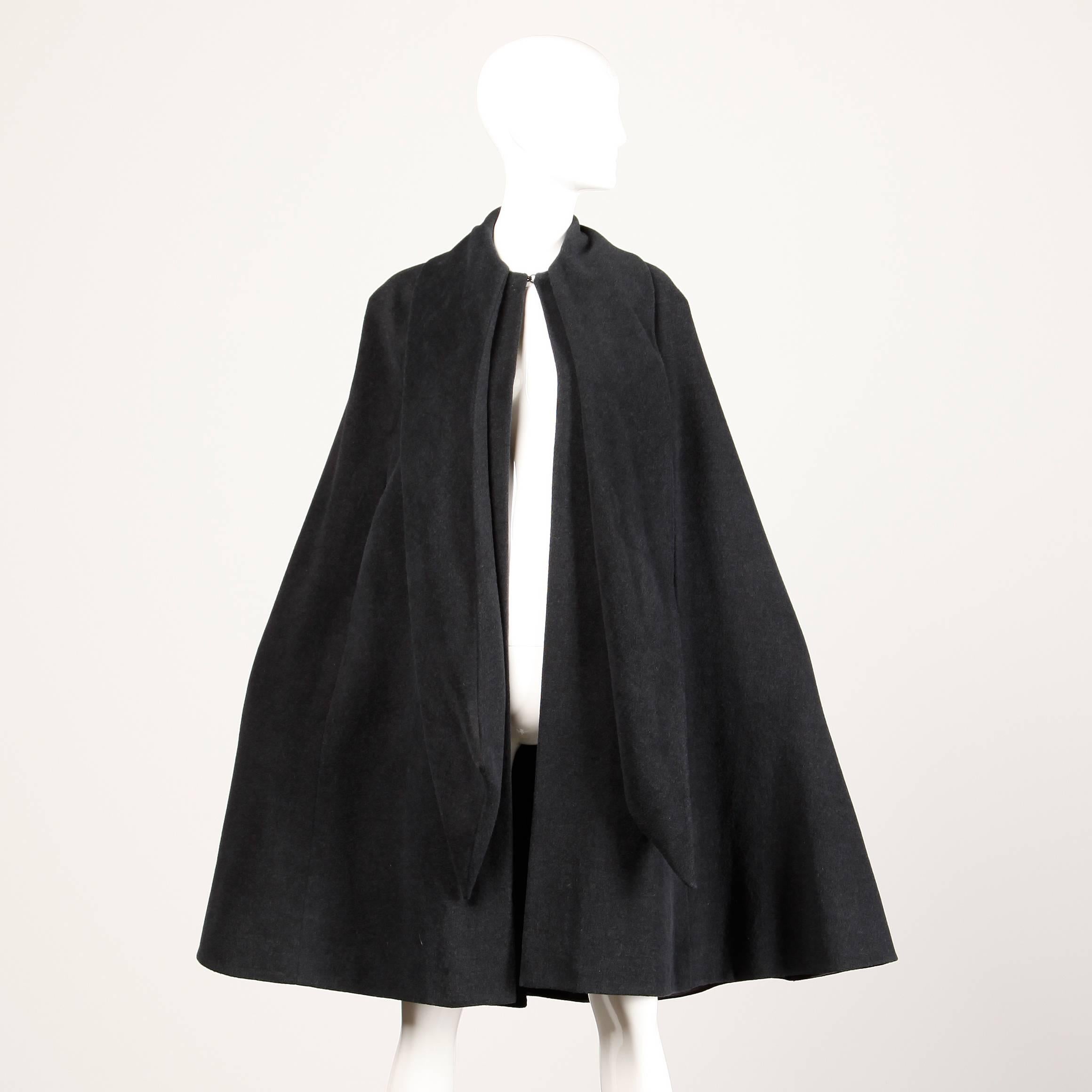 Women's Mollie Parnis Vintage 1960s Charcoal Gray Wool Cape Coat with Attached Scarf