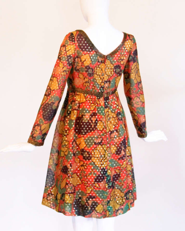 Mollie Parnis Vintage 1970s 70s Metallic Silk Beaded Floral Print Mini Dress In Excellent Condition For Sale In Sparks, NV