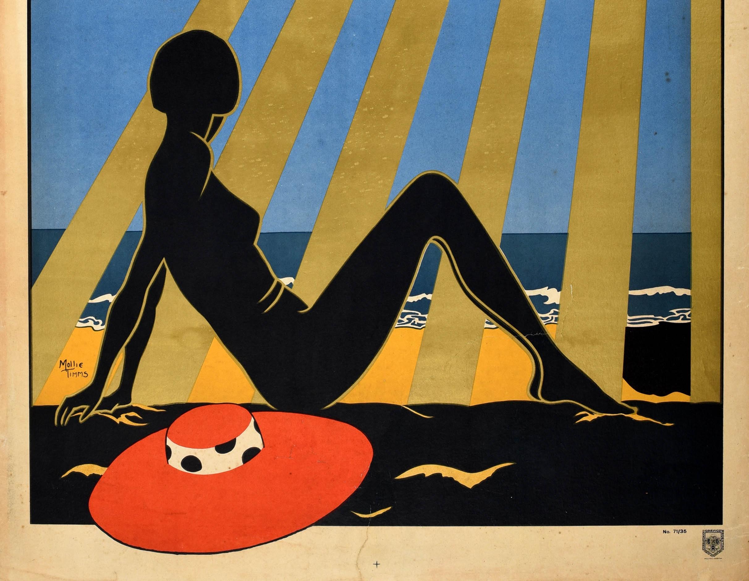 Original Vintage Art Deco Travel Poster Necochea Beach Argentinien Südamerika (Art déco), Print, von Mollie Timms
