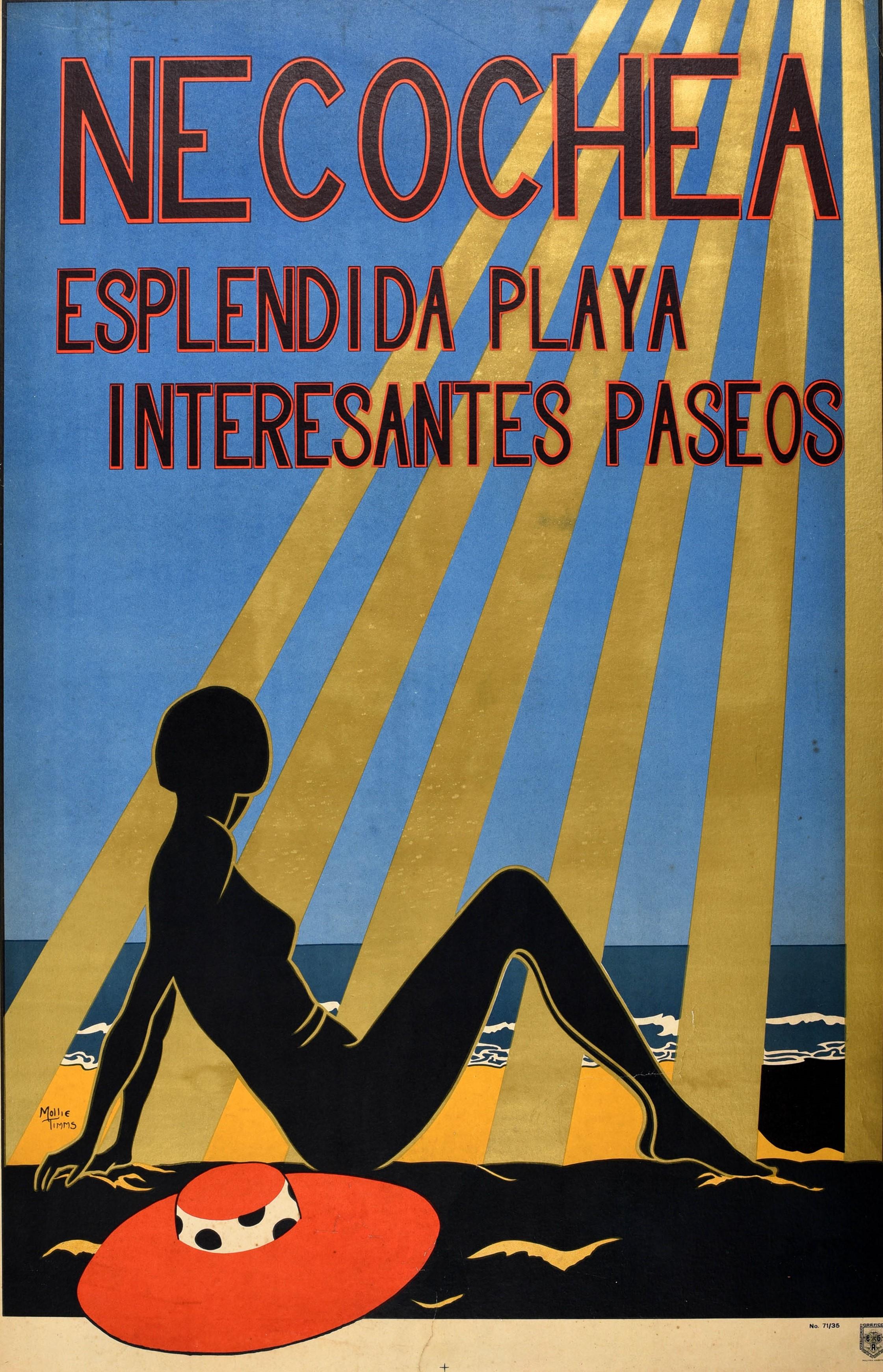 Original Vintage Art Deco Travel Poster Necochea Beach Argentinien Südamerika (Grau), Print, von Mollie Timms