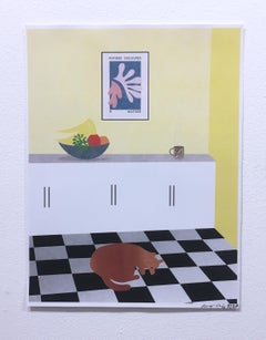 Kitchen Cat, Digital Painting Print, Interiors, Still Life, Fruit Bowl, Yellow
