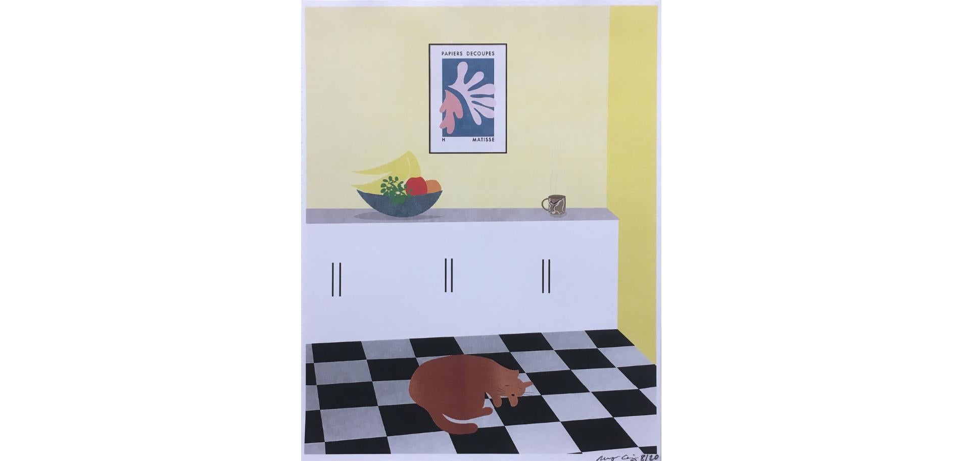 Kitchen Cat, Digital Painting Print, Interiors, Still Life, Fruit Bowl, Yellow  - Gray Still-Life Print by Molly Craig