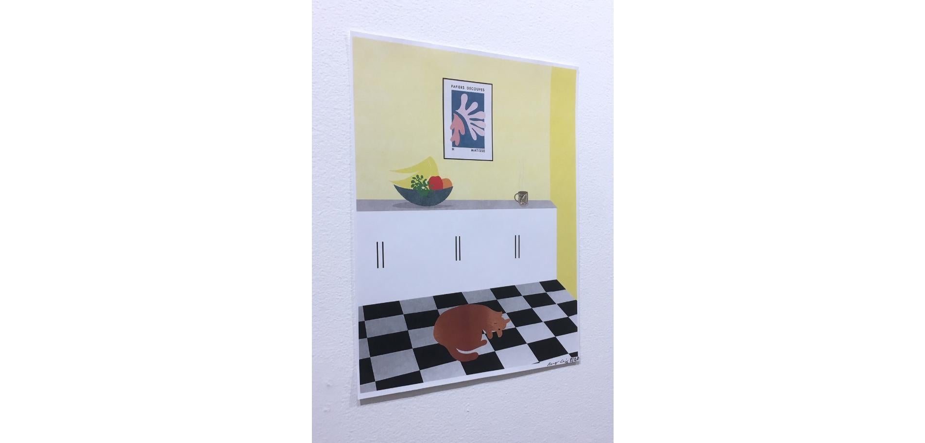 Gato de cocina, Impresión digital de pintura, Interiores, Naturaleza muerta, Frutero, Amarillo en venta 1