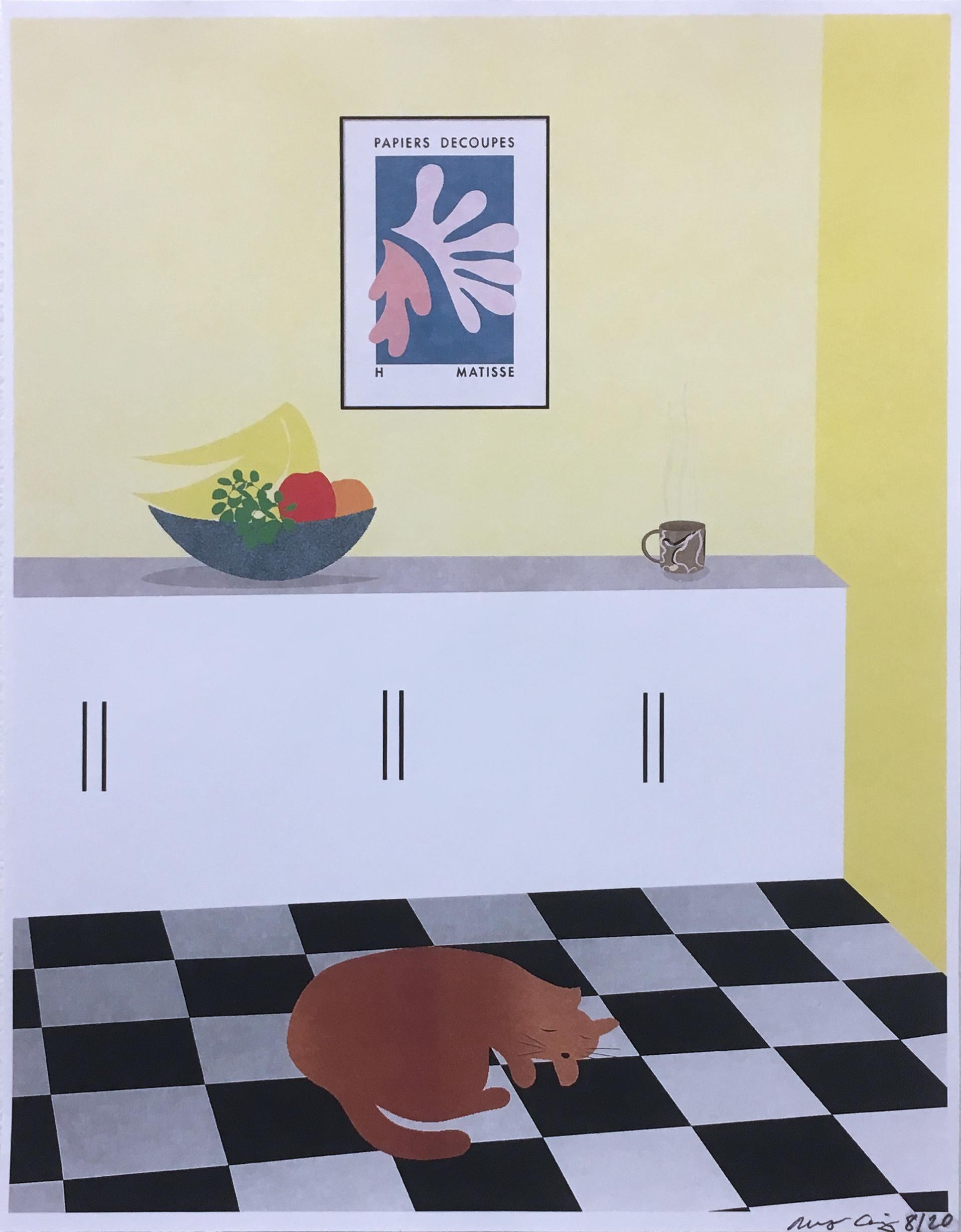 Molly Craig Still-Life Print - Kitchen Cat, Digital Painting Print, Interiors, Still Life, Fruit Bowl, Yellow 
