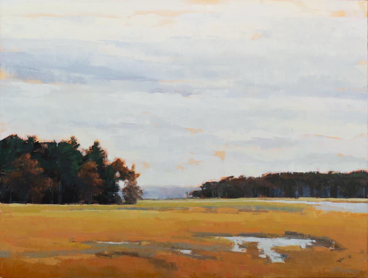 Questo dipinto di paesaggio tradizionale di Molly Doe Wensberg è caratterizzato da una tavolozza calda e neutra e cattura una scena di palude giallo-arancio sotto un cielo grigio pallido. È leggermente astratto, con l'artista che scompone la scena
