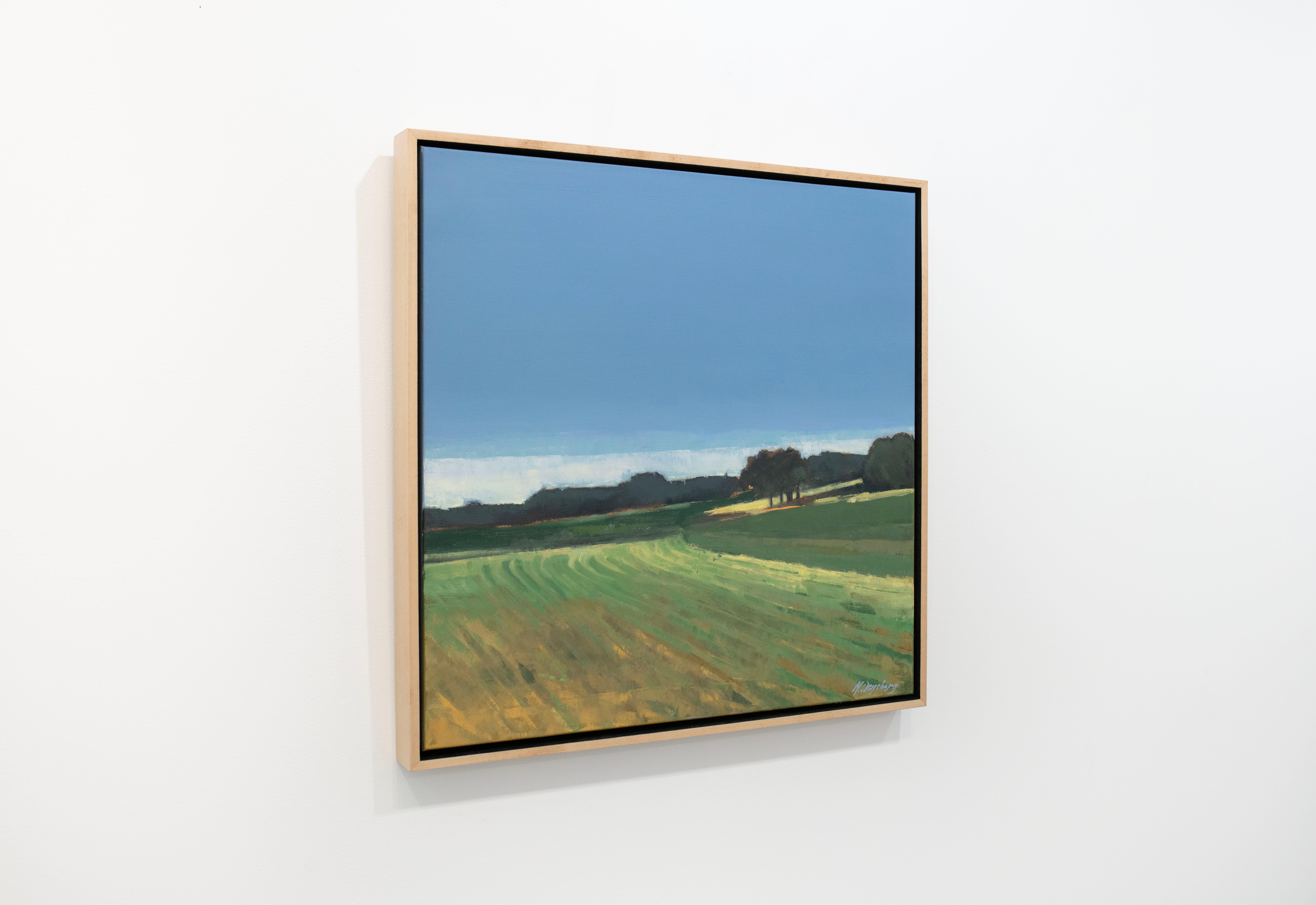 Este paisaje abstracto de Molly Doe Wensberg presenta una paleta de azules y verdes fríos con toques amarillos cálidos. El artista capta una escena de un campo con frondoso follaje a lo largo del horizonte bajo un limpio cielo azul. El cuadro en sí