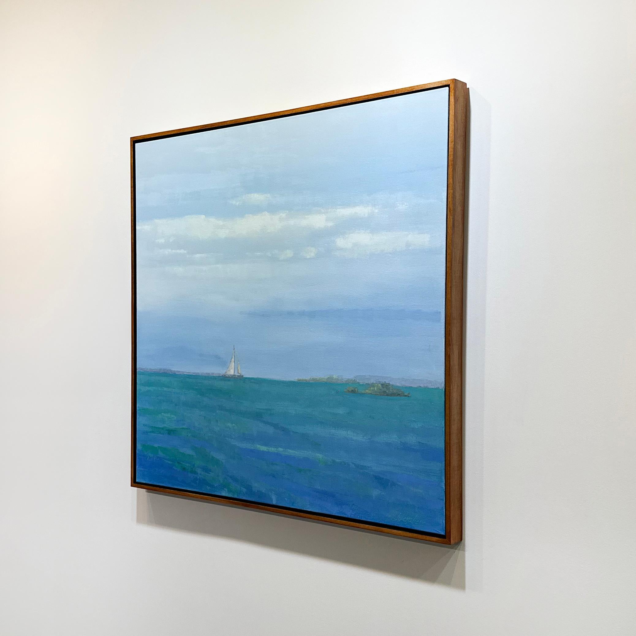 This contemporary seascape painting by Molly Wensberg, titled Perfect Day, radiates joy through its playful palette and layered, expressive composition. The piece features a bright, welcoming wash of soft blues balanced with one lone sailboat and