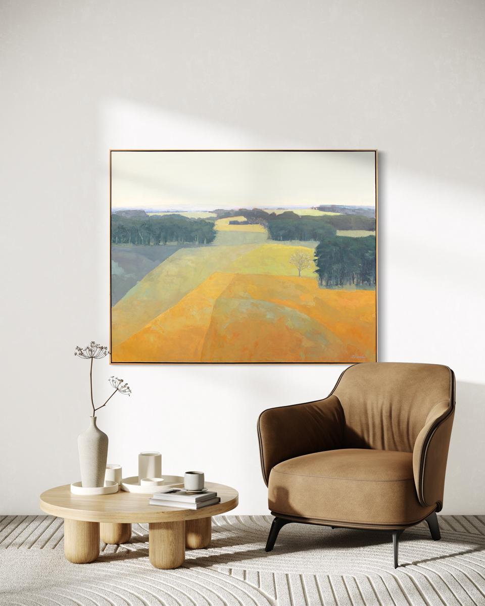 This traditional landscape painting by Molly Doe Wensberg features a warm palette, capturing a scene of lush yellow rolling hills and deep green patches of trees under a pale sky. It has a mildly abstracted style, with the artist breaking down the