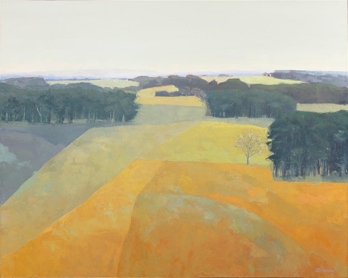 „Quinacridone Glow“ Landschaft, Ölgemälde (Beige), Landscape Painting, von Molly Doe Wensberg
