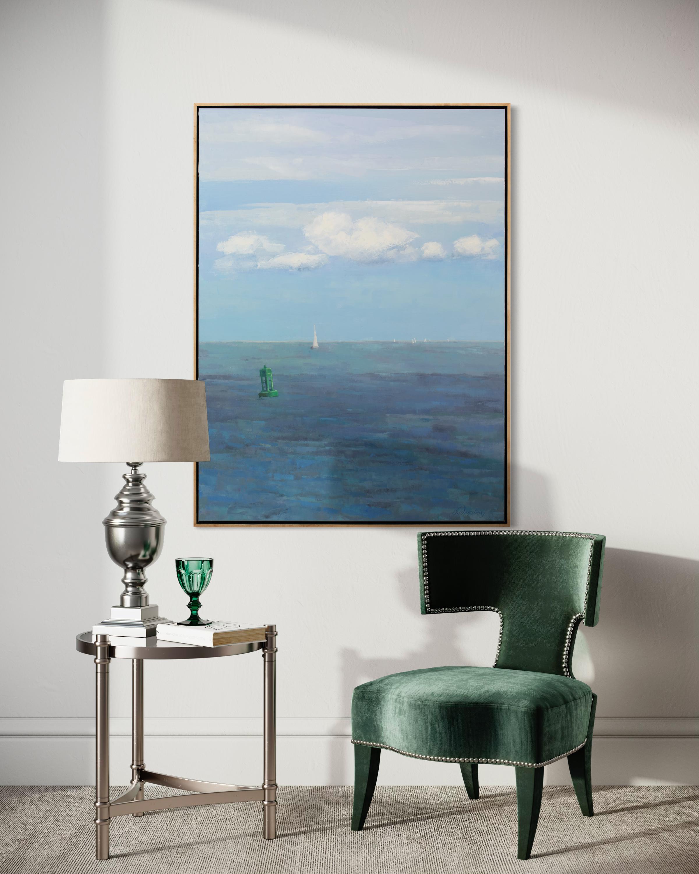 This traditional seascape painting by Molly Doe Wensberg features a cool blue palette, and captures a coastal seascape scene with a small white sailboat sailing in open waters near the horizon line, and a green buey closer to the foreground. Very