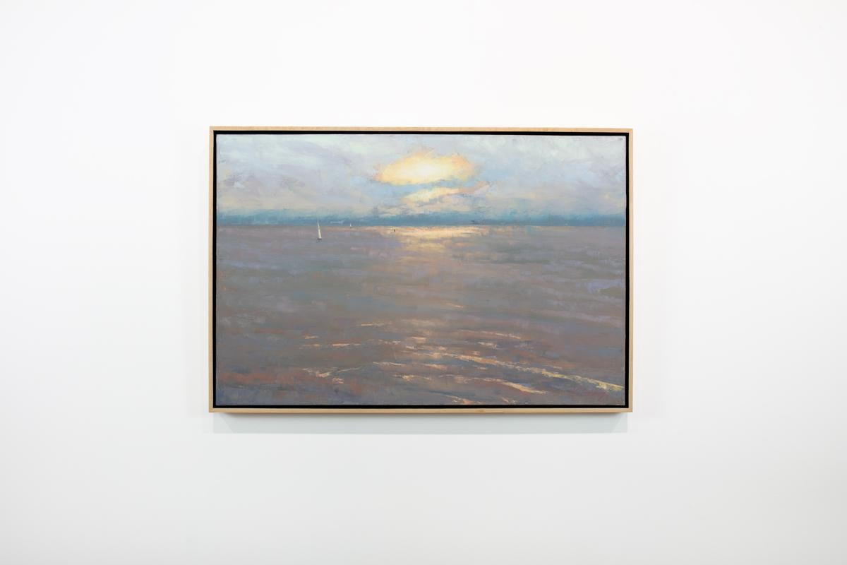 This traditional seascape painting by Molly Doe Wensberg captures a coastal scene, with a small white sailboat floating along the horizon of a muted violet ocean with the sun setting behind clouds in a pale blue sky. The painting is made with oil