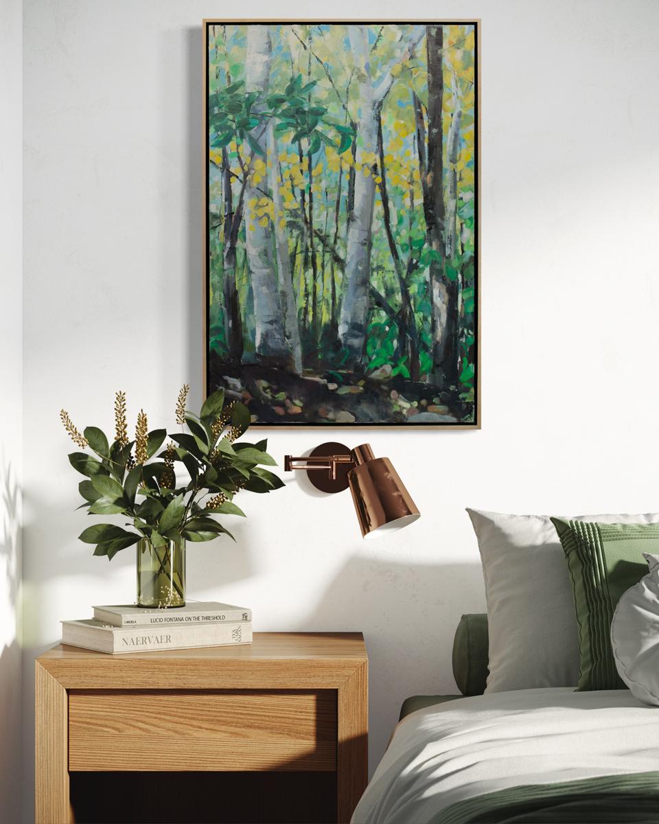 This traditional landscape painting by Molly Doe Wensberg features a cool palette and a loose, impressionistic style, capturing a forest scene with the white trunks of birch trees at the center of the composition. The painting is made with oil paint