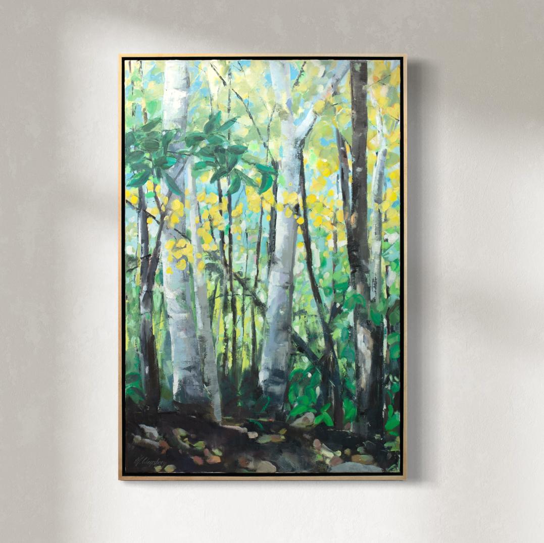 Molly Doe Wensberg Landscape Painting - "Walk in the Woods - Birch Blues" Landscape Oil Painting