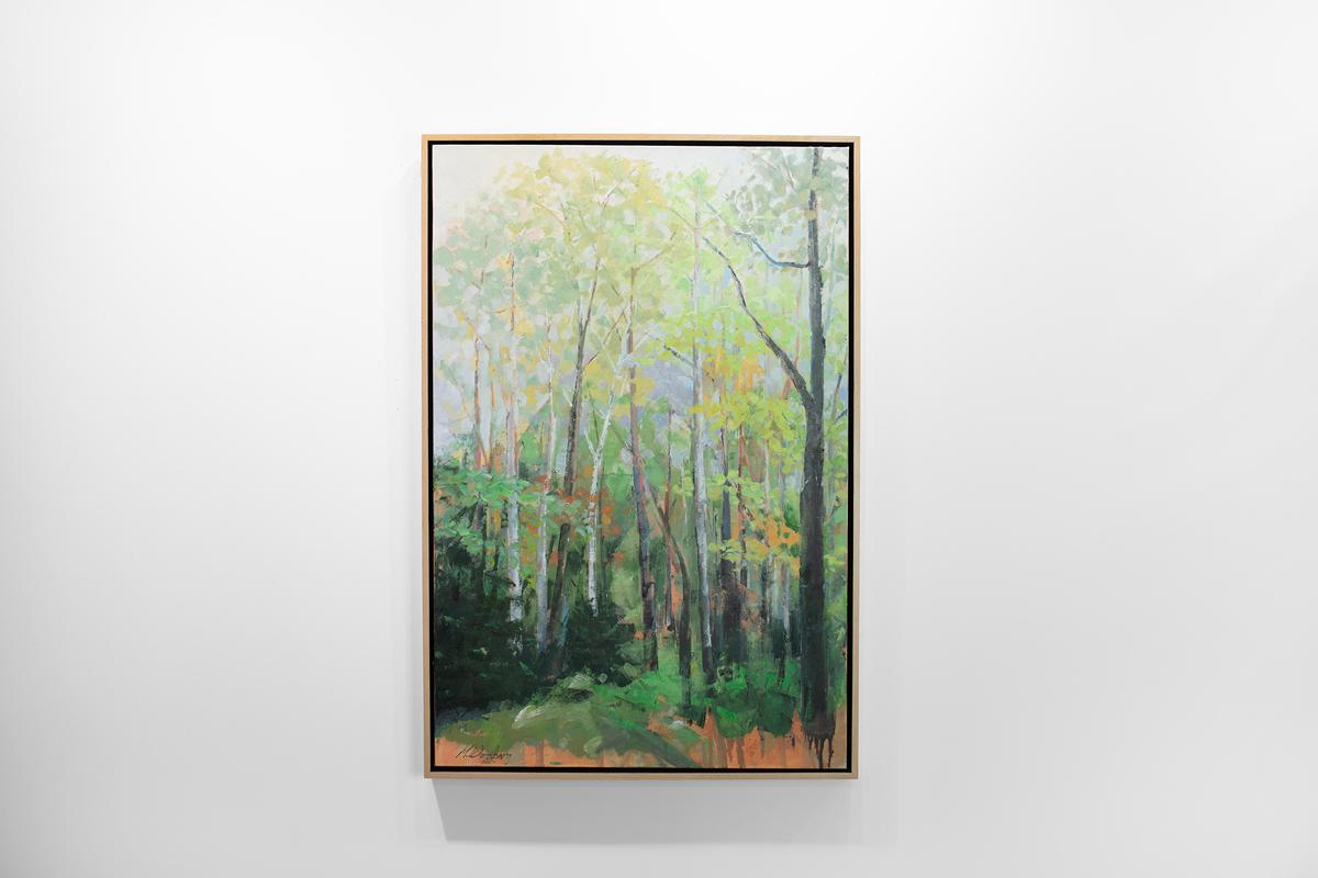This traditional landscape painting by Molly Doe Wensberg features a cool palette and a loose, impressionistic style, capturing a forest scene with the white trunks of birch trees at the center of the composition. Yellow and orange dabs of paint