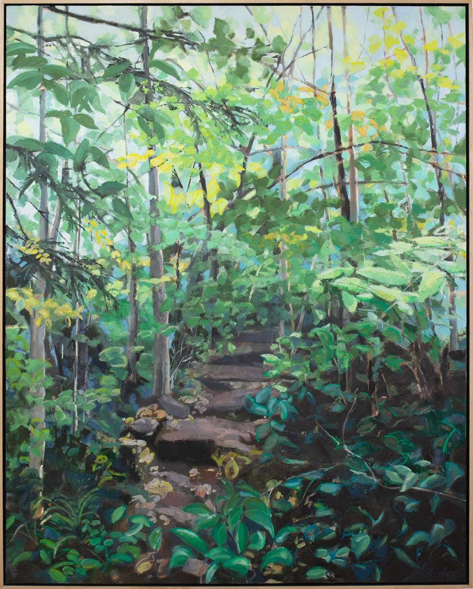 Landscape Painting di Molly Doe Wensberg - "Passeggiata nel bosco - Greene & Greene" Paesaggio dipinto ad olio