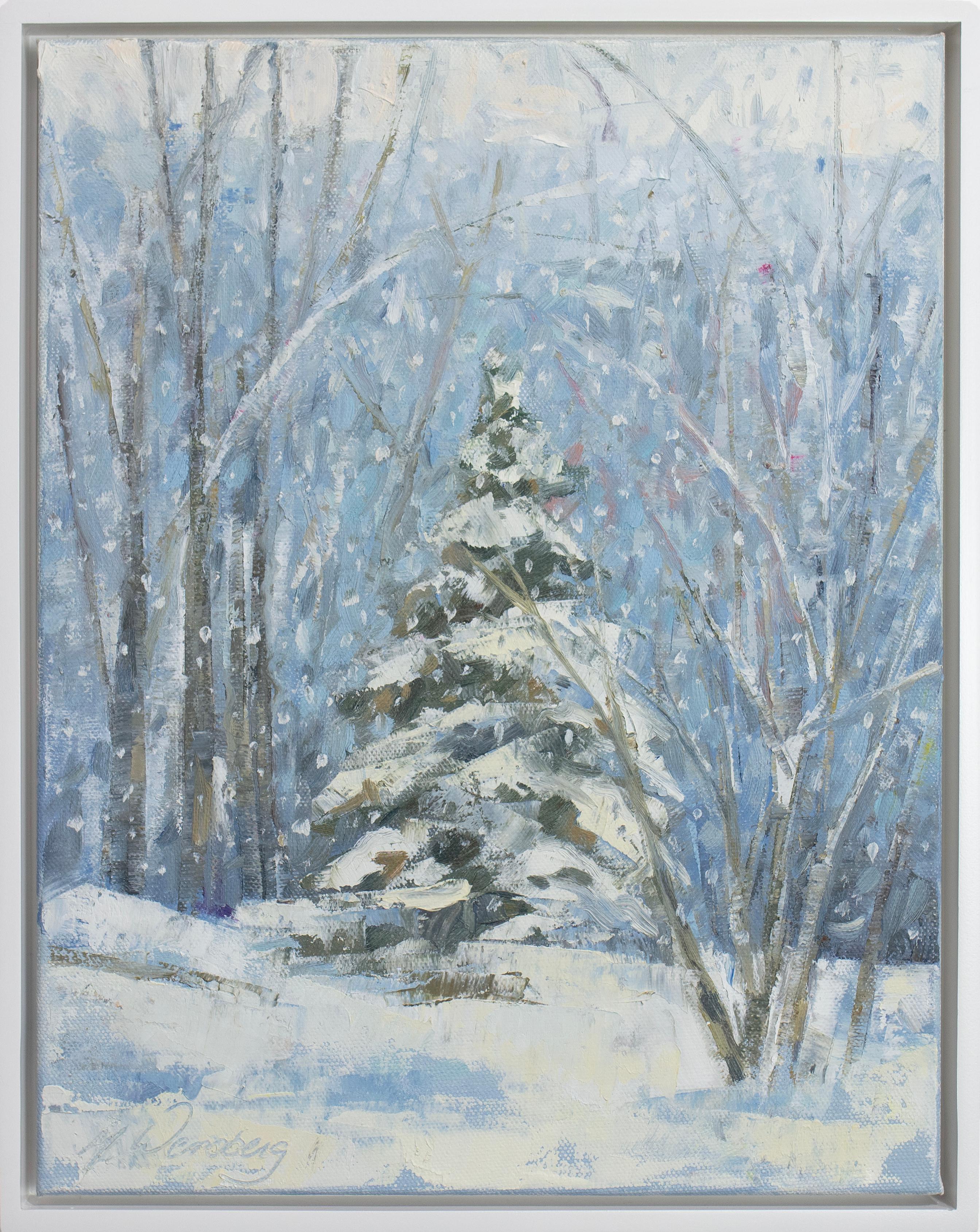 This impressionistic winter landscape painting by Molly Doe Wensberg features a cool blue, green, and white palette. The artist captures a scene of an evergreen tree covered in snow, surrounded by a snow-covered ground and bare trees surrounding it.