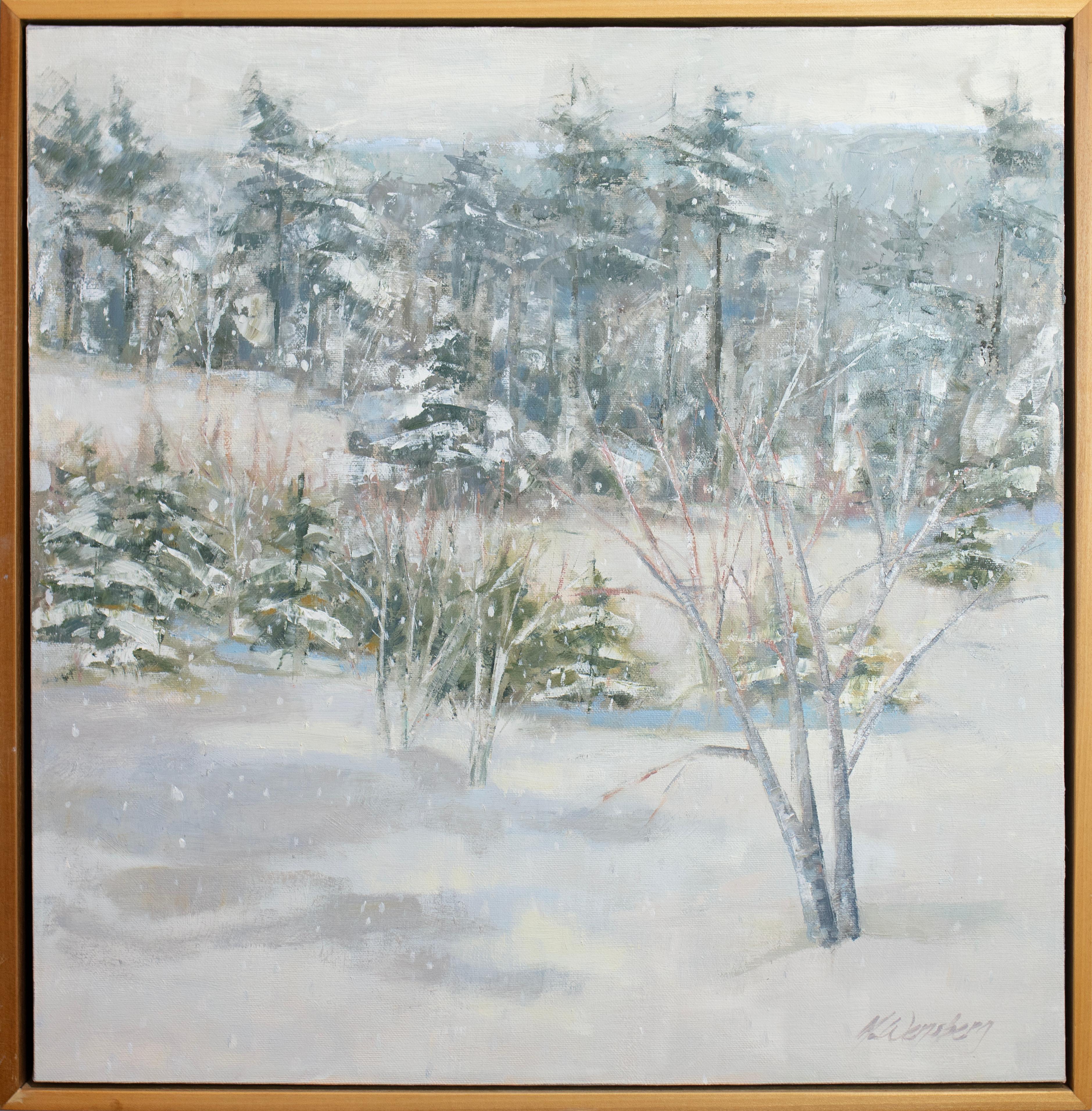 This impressionistic winter landscape painting by Molly Doe Wensberg features a cool blue, green, and white palette. The artist captures a landscape scene with trees covered and surrounded by lush snow. The painting itself measures 20" x 20" and 21"
