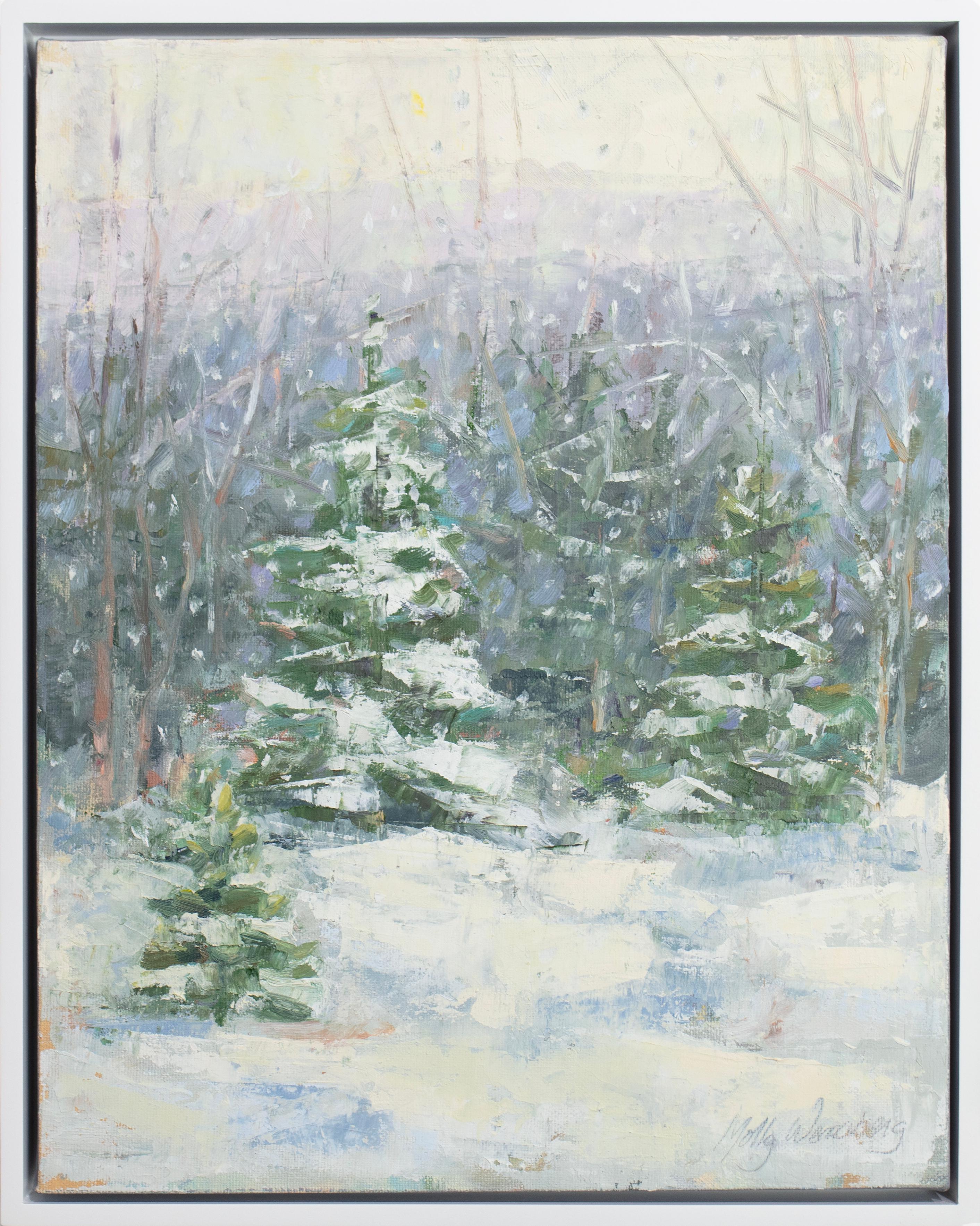 This impressionistic winter landscape painting by Molly Doe Wensberg features a cool blue, green, lavender, and white palette. The artist captures a scene of evergreen trees covered in snow, surrounded by a snow-covered ground and bare trees