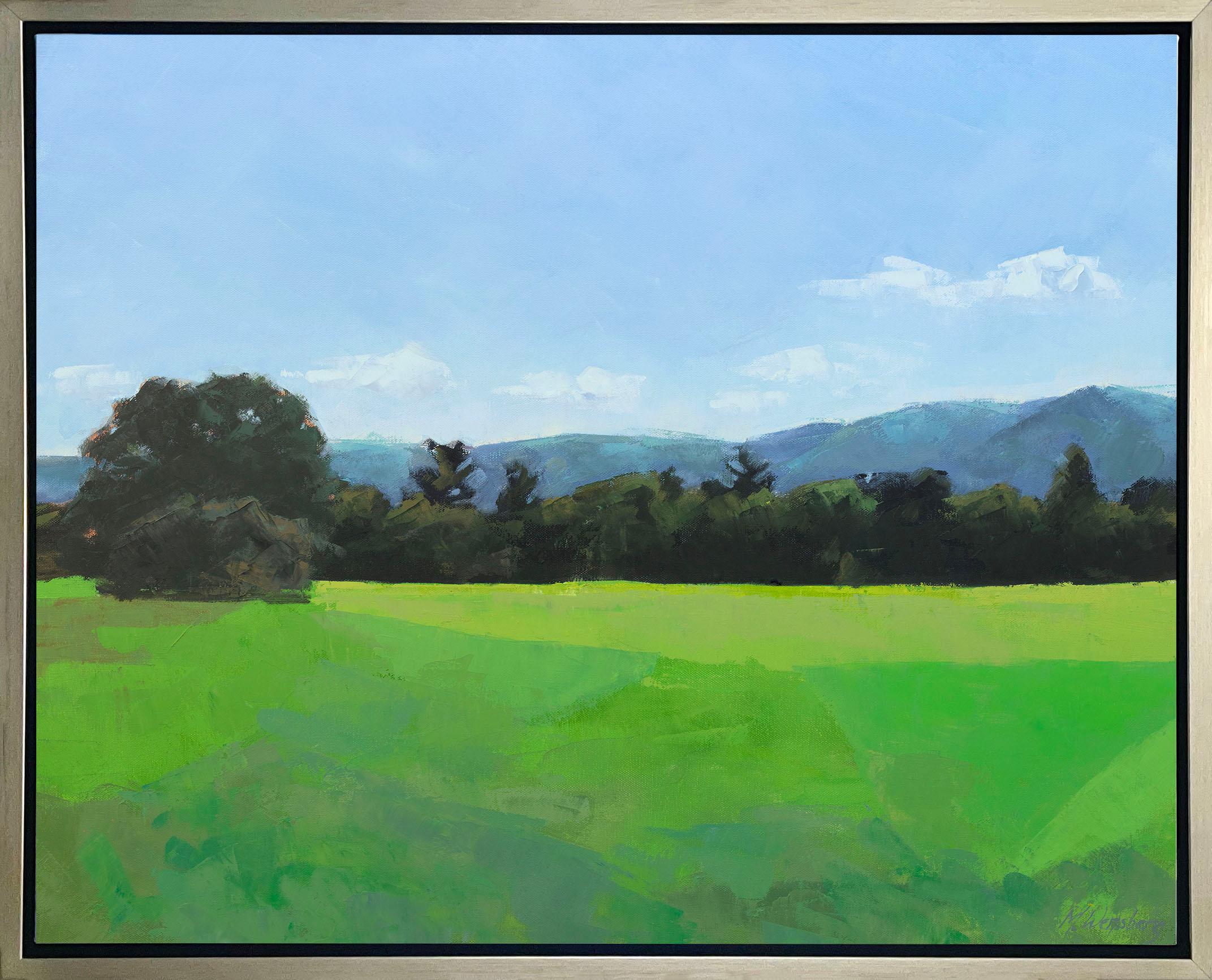 This Limited Edition giclee landscape print by Molly Doe Wensberg is an edition size of 195. It features a vibrant green and blue palette and captures a scene of a field with lush foliage and rolling hills behind it. Printed on canvas, this giclee